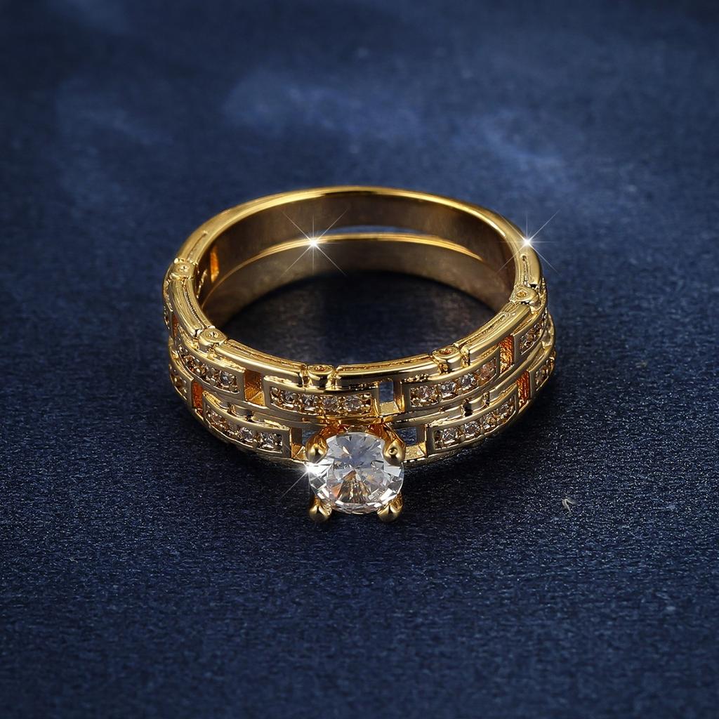 Jewelry Gold Four Claw Round Diamond Watch with Chain Set Ring European and American Mens and Womens Set Ring