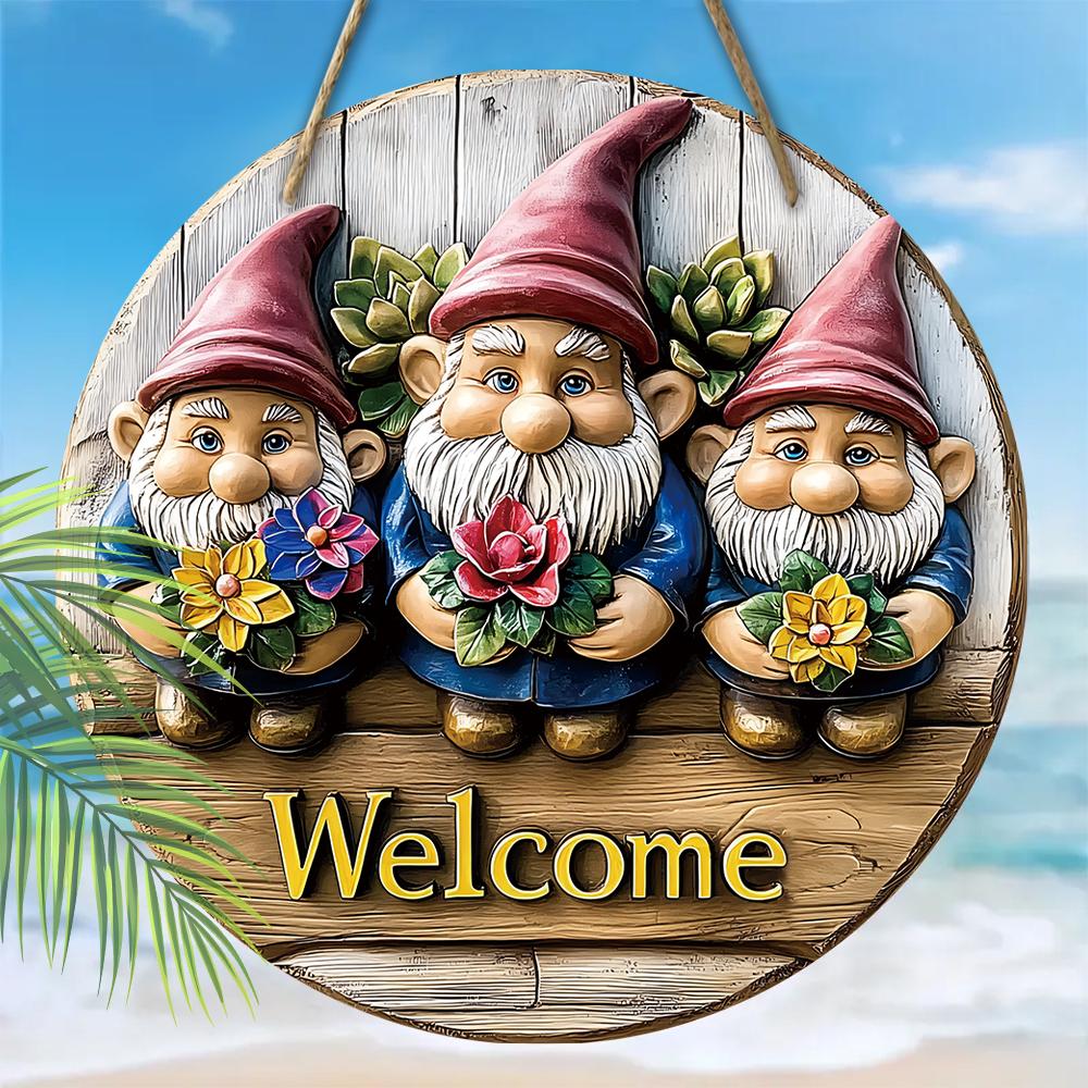 Wooden hanging decorative sign,welcome signs,The pattern is three gnomes,indoor or garden decorations,2D flat pendants, housewarming gifts for friends