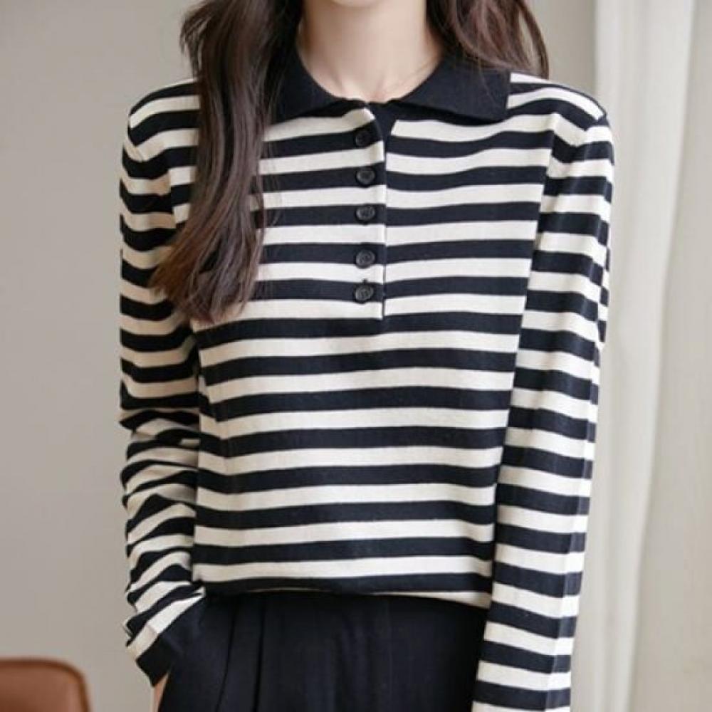 Navava Striped Button Collar Long Sleeve Knit Top Nk3135
