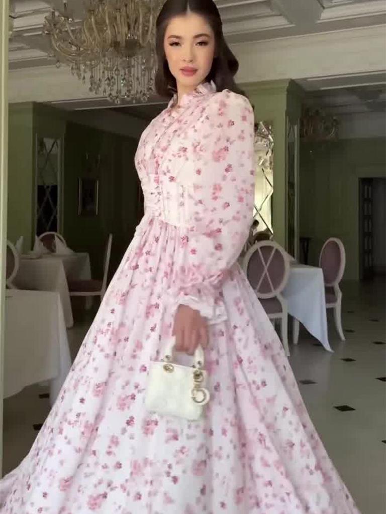 2025 Frühling Retro Elegantes Florales Langes Kleid mit Taillenbetonenden Langen Ärmeln für Damen.