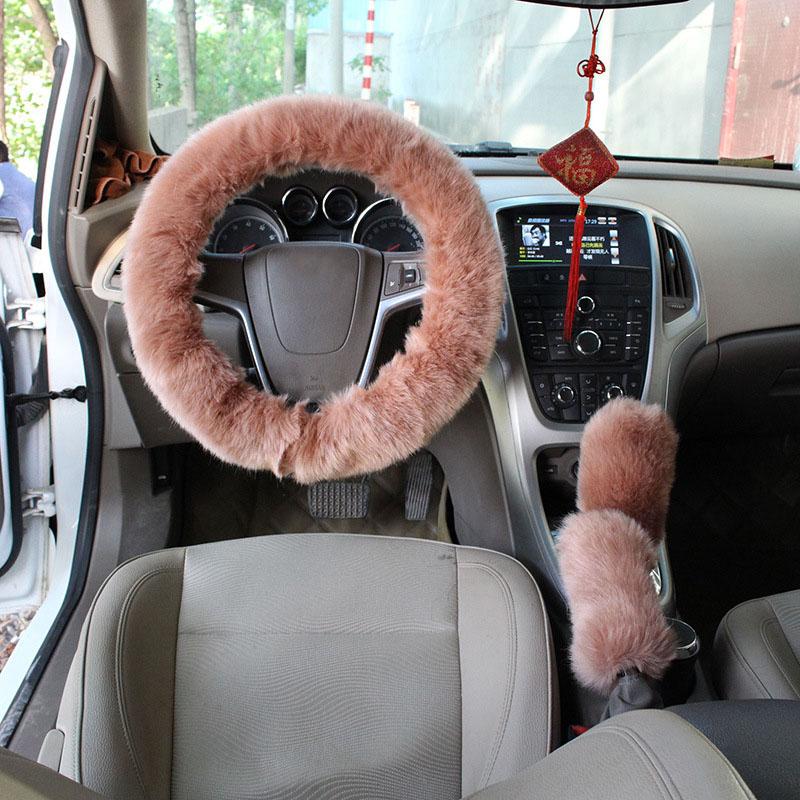 Car Steering Wheel Cover Gearshift Handbrake Cover Protector Decoration Warm Super Thick Plush Collar Soft Black Pink Women Man