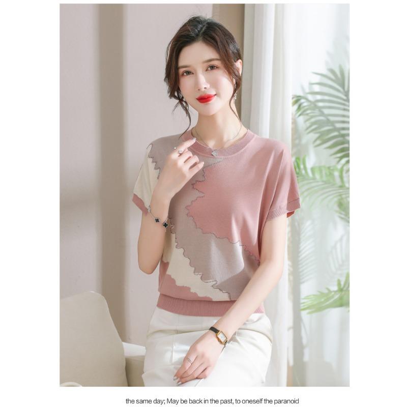 Women Summer New Ice Silk Round Neck Short Sleeve T Shirt Elegant Loose Thin Knit Top