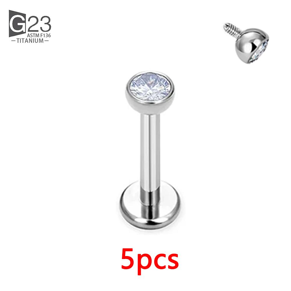 5Pcs G23 Titanium 16G CZ Tragus Eyebrow Piercing Body Jewelry Labret Lip Ring Stud Earrings Septum Nose Rings Internal Thread