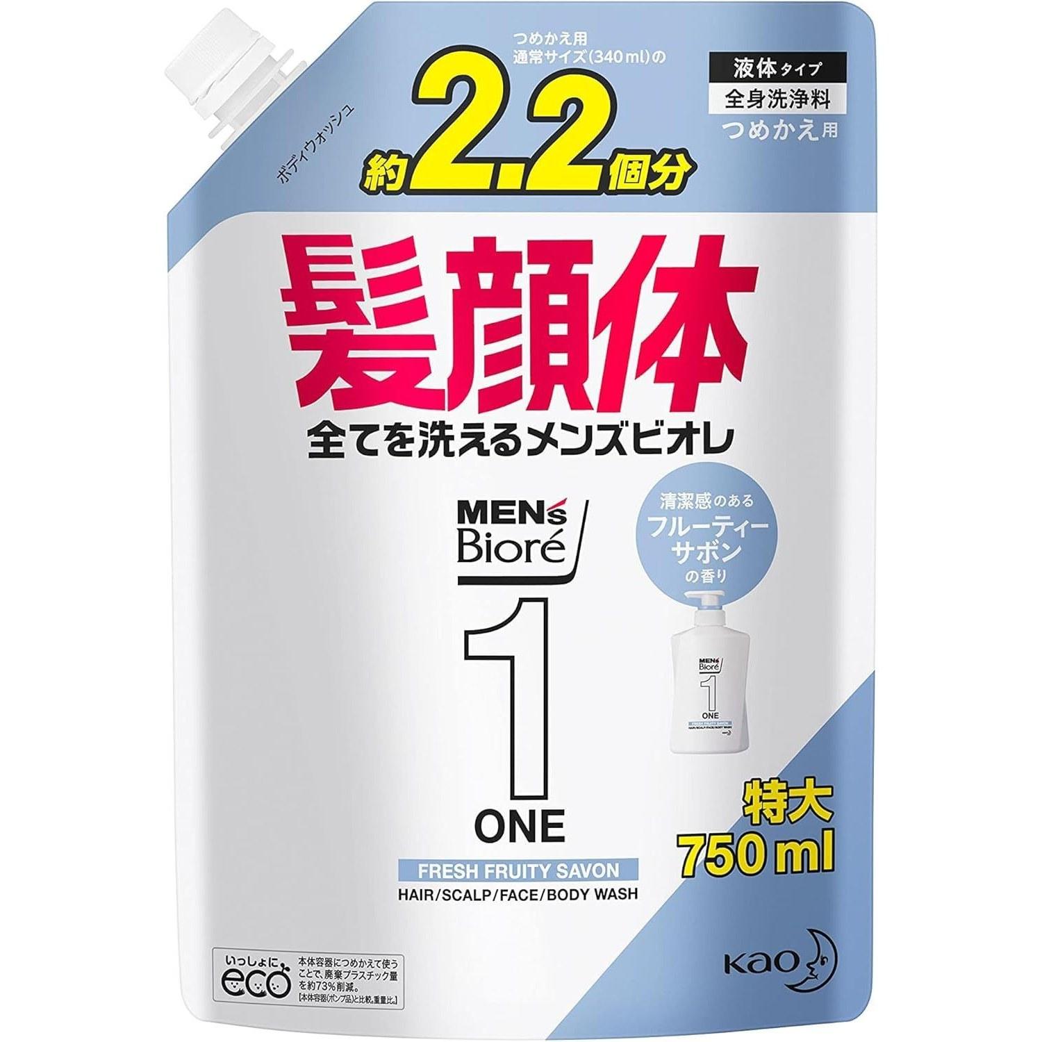 Mens Biore ONE All-in-One Body Wash Fruity Soap Scent Large Refill 750ml