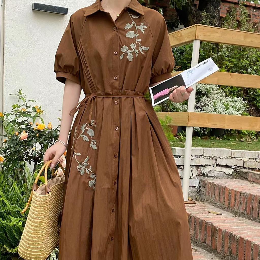 Vintage Loose Embroidery Jacquard Lace Up Design A-line Dress Woman Elegant Lapel Single Breast Pleated Dresses Ins New