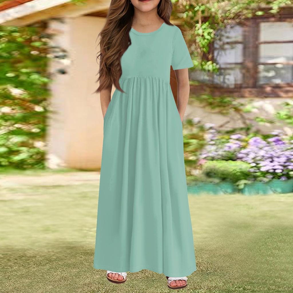 Girls' Long Summer Dress - Short Sleeve Pocket Maxi Dress For 4-14Y