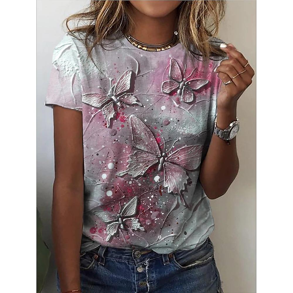 Nuova T-shirt Girocollo con Stampa 3D Farfalla T-shirt da Donna Moda Estiva Maniche Corte Top Oversize Estivo Abbigliamento Femminile