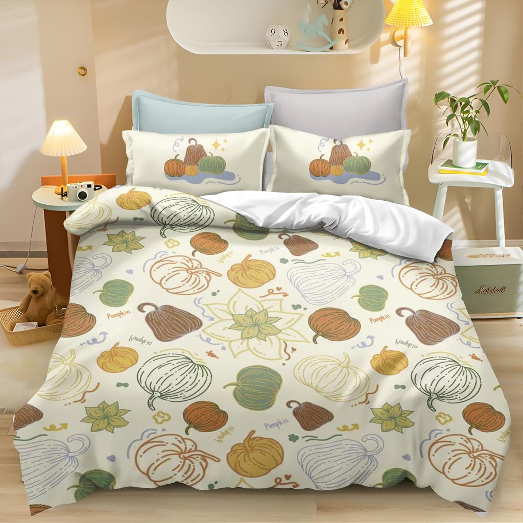 Cartoon Kürbis Bettbezug Schlafzimmer 3-teiliges Set Kinder Niedlich Polyester Weich Atmungsaktiv Bettdecke Animation Bettwäsche