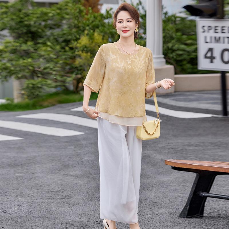 Chiffon Blouse & T-shirt Set for Middle-aged Women - Stylish Summer Short Sleeve Top (2026) 4XL (Weight 67.5-75 kg)