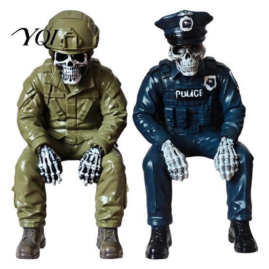 Horror Home Ornaments Halloween Skeleton Ornament, Policeman/Military Resin Gothic Skull Figurine, Dark Style Sitting Pose Sculpture for Bookshelf