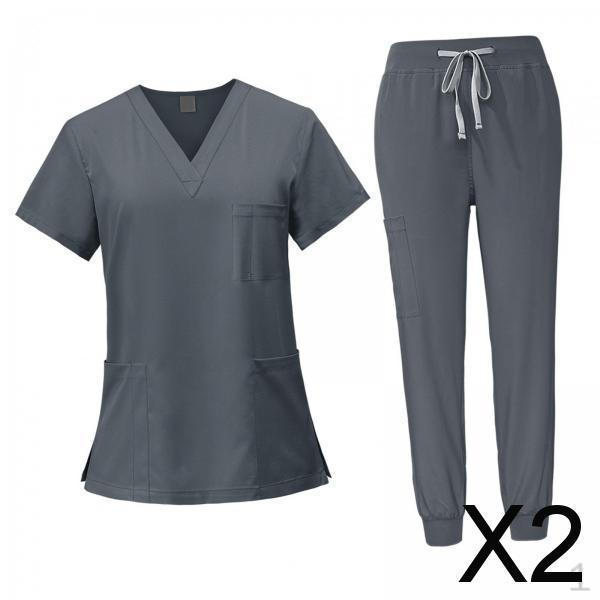

2x Женский униформенный костюм Скрабы Топ и брюки V-образный вырез Удобный с карманами Рабочая одежда Медсестра