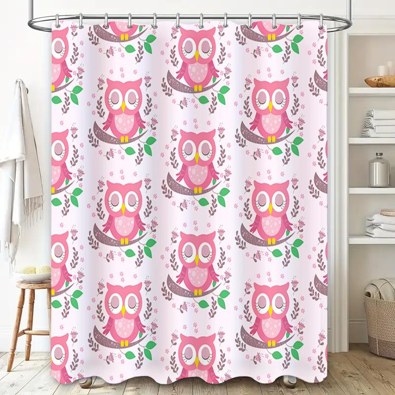Owl Pattern Shower Curtain Pink Animal Bath Decor