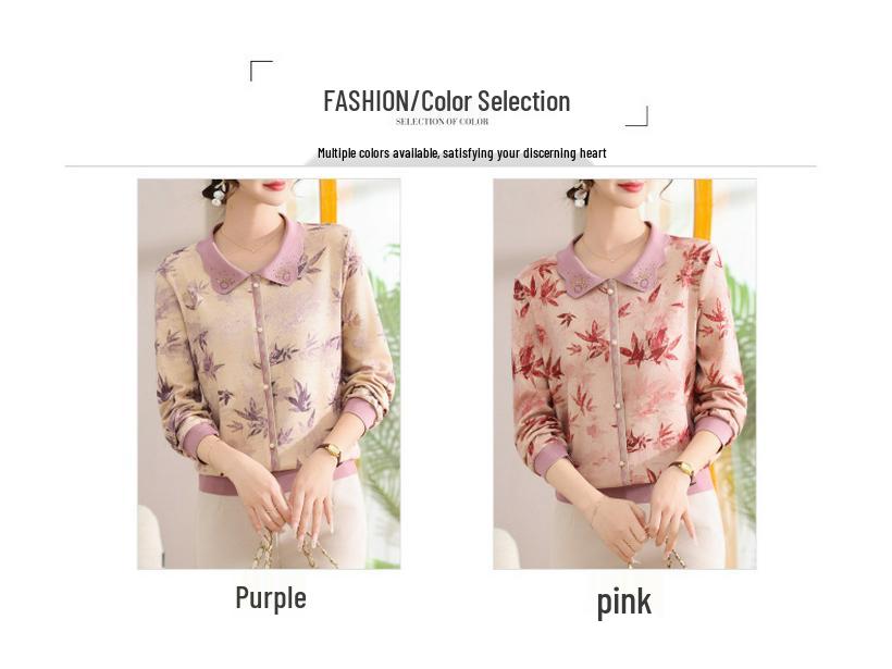 Elegant Floral Long-Sleeve T-Shirt for Middle-Aged & Elderly Women - New Chinese Style Top