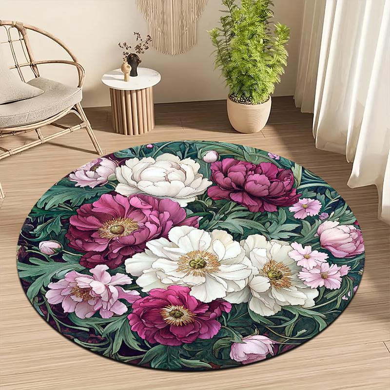 Vintage Peony Floral Round Rug Non-Slip Machine Washable Floor Mat 2D Flat Soft Area Rug for Bedroom Home Decor Gift