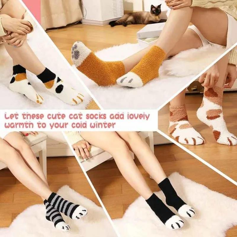 1-20Pairs Cute Cat Paw Floor Socks Coral Velvet Thickened Fleece Mid-calf Socks Warm Indoor Socks for Women Fall Winter Wear
