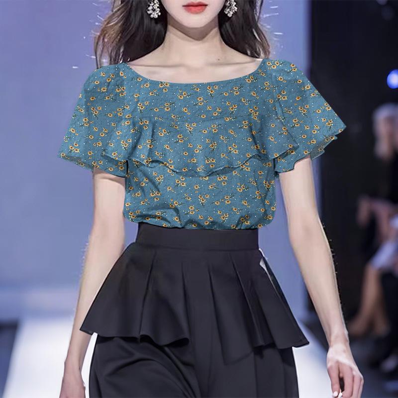 

ZANZEA Женская повседневная блузка с оборками, круглым вырезом, короткими рукавами и цветочным принтом 2XL синий