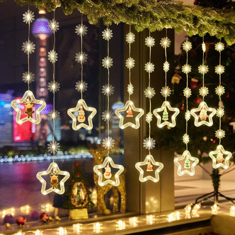Christmas Decorations LED Lights Flashing Light String Snowflake Stars Christmas Tree Window Store Curtain Lights Pendant