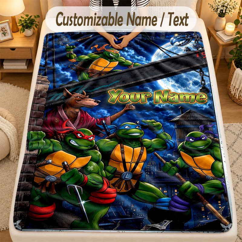Flannel BlanketTeenage Mutant Ninja Turtles Custom Name Text Personalized Soft Warm Throw Blanket Home Decor Gift
