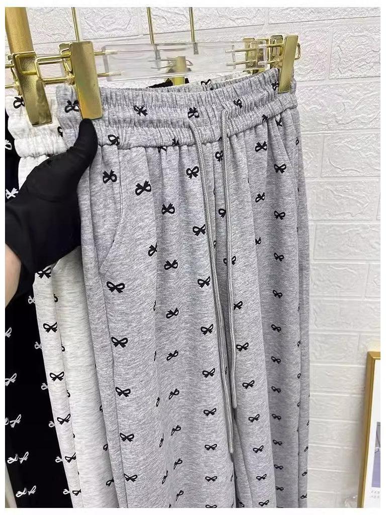 Korean Style Bow Print High Waist Wide Leg Pants for Women - Petite & Slimming, Early Autumn