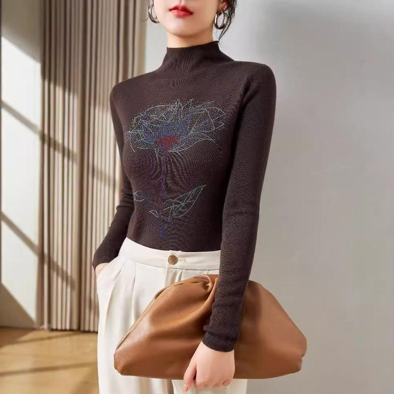 

Design sense rose hot diamond bottoming knitted sweater women s autumn new semi-turtleneck pullover silk wool sweater women 120 кофейный