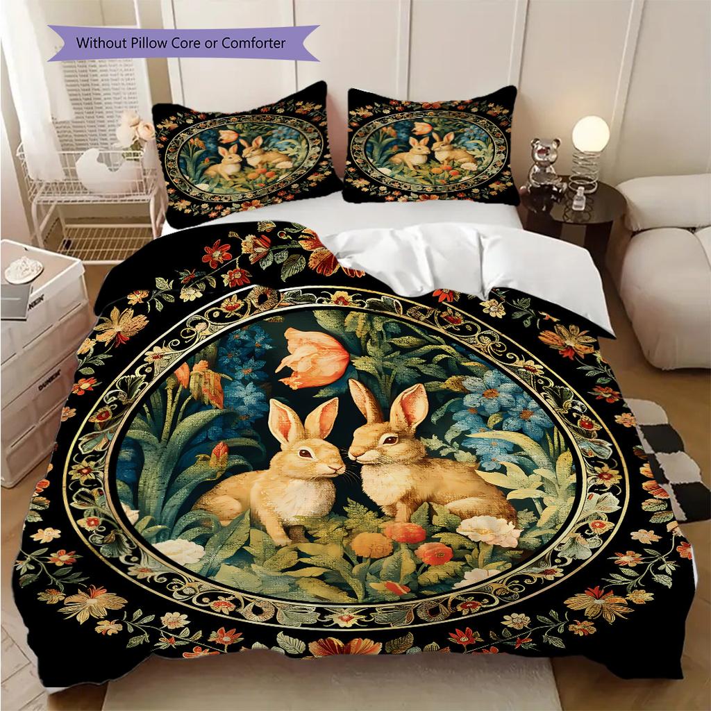 William Morris' Pastoral Flower Rabbit Bettwäsche, Bettbezug, Kissenbezug, Heimdekoration, Geburtstagsgeschenk (1 * Bettbezug+2 * Kissenbezug, ohne Füllung)