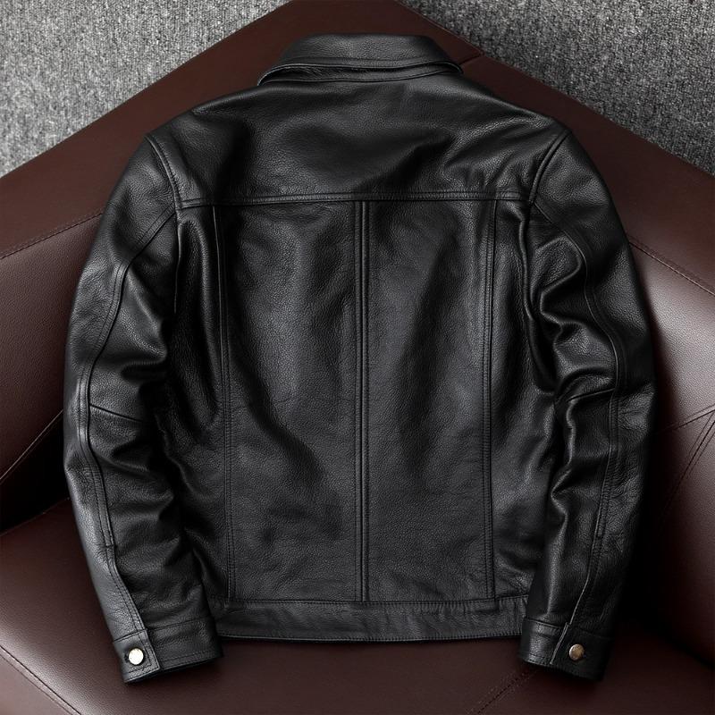 Genuine Cowhide Leather Jacket for Men Slim Fit Short Style Korean Trendy Denim Coat Casual Outfit