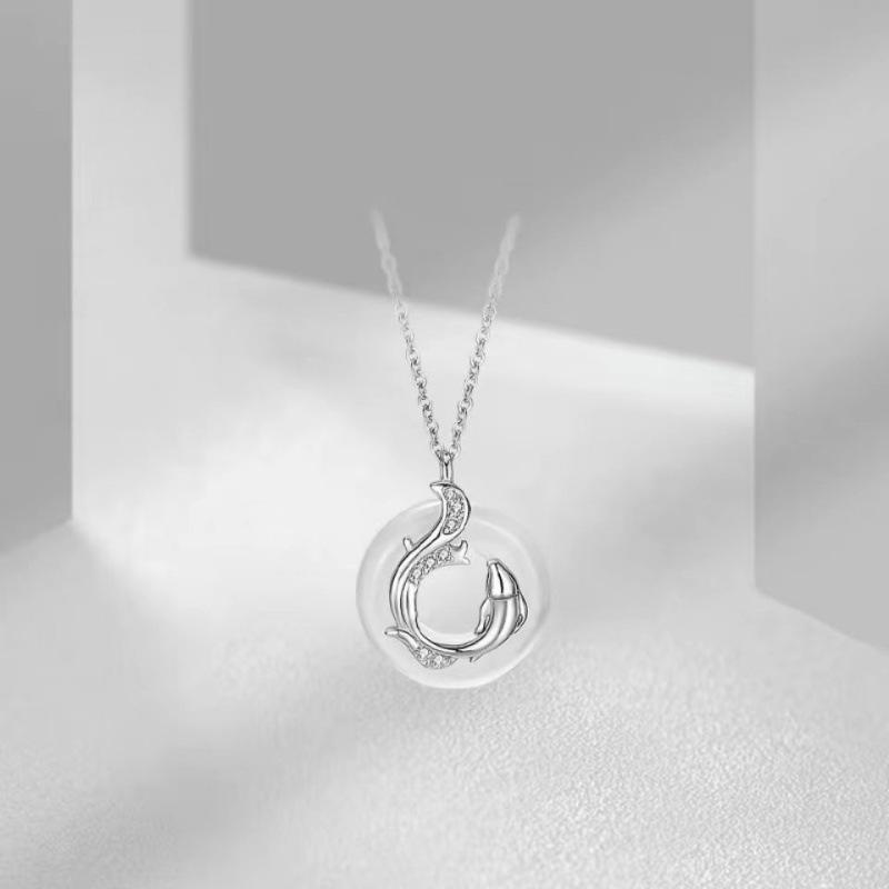 Auspicious Koi Chalcedony Necklace for Women - Luxurious Chinese Style with Safety Buckle and Clavicle Chain.
