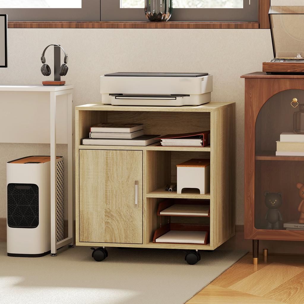 Multifunctional Printer Cabinet with Wheels and Shelves with Wide Storage Space 60x50x65.5 cm Natural