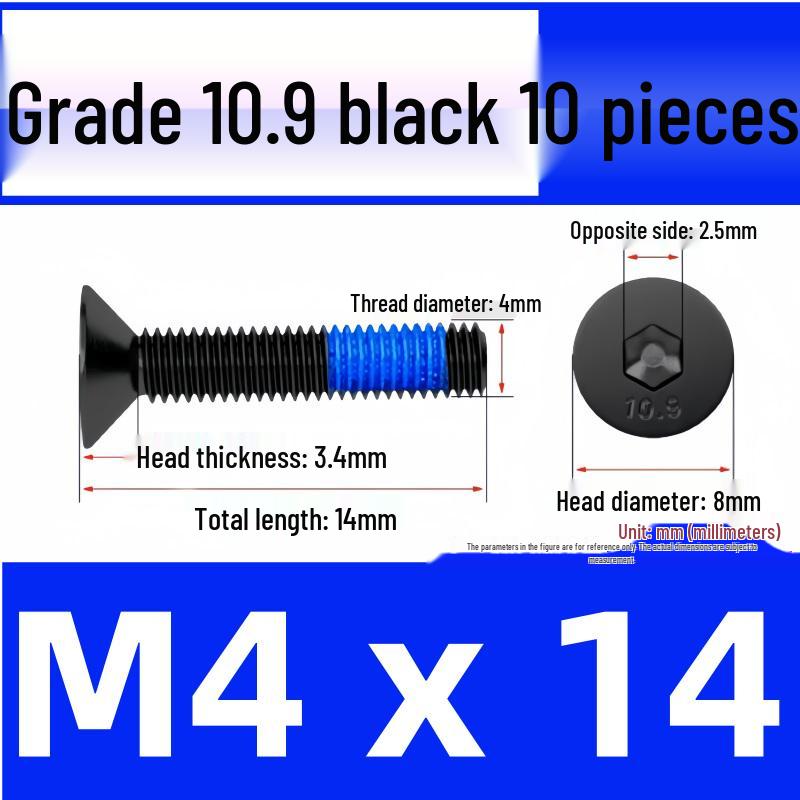 Black Anti-Slip Flat Cup Screw with Adhesive Blue Glue, Countersunk Hexagon Socket, Available in M2-M8 Sizes