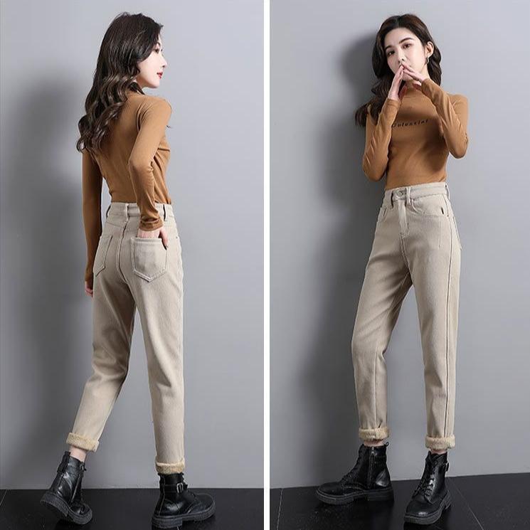 Women's Fleece-Lined Jeans High-Waist Slim Plus Velvet Harem Jeans Autumn and Winter Stretch Skinny Jeans