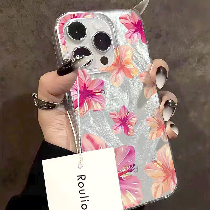 Pink Hibiscus Floral Feather Art Phone Case for iPhone 17 16 15 14 13 12 11 Series Pro Max Plus Double Layer Protection