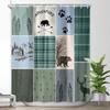 Rustic Cabin Bear Deer Shower Curtain, Country Green Plaid Shower Curtain Set for Bathroom, Farmhouse Forest Nature Fabric Showe