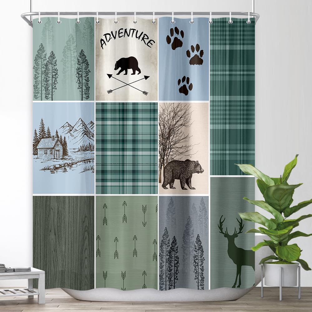 Rustic Cabin Bear Deer Shower Curtain, Country Green Plaid Shower Curtain Set For Bathroom, Farmhouse Forest Nature Fabric Showe
