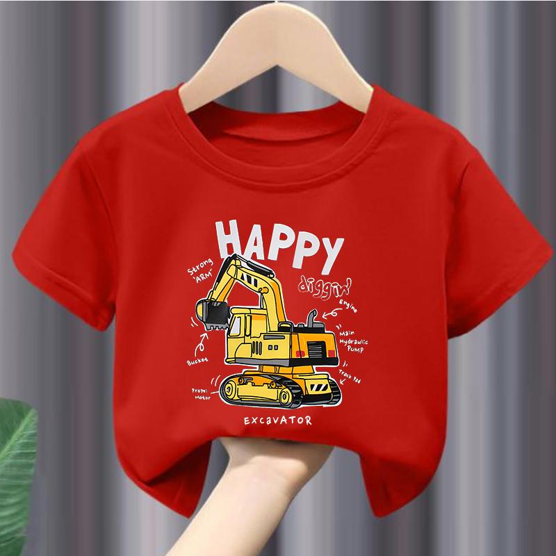 Summer Short Sleeve Tshirt for Girls Excavator Print Casual Comfortable round Neck Childrens Wear Boys Polyester Fabric