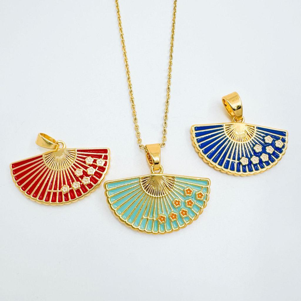 Hot-Selling Enamel Gold-Plated Fan Pendant Necklace - Retro Chinese Style for Women