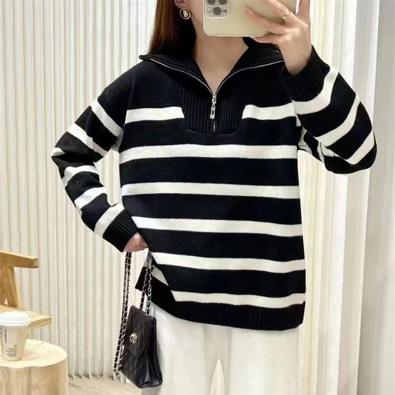 Autumn Winter Stand Color Vintage Striped Patchwork Pullover Sweater Women Loose Casual All-match Knitting Top