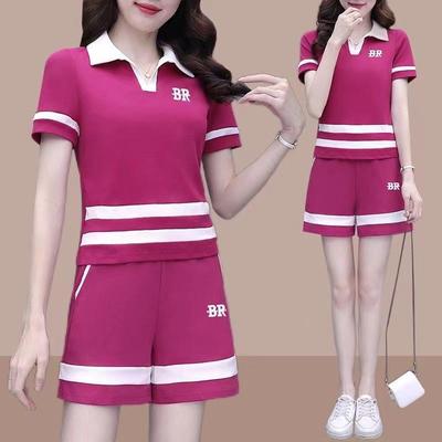 Women's Trendy Summer Polo Collar Two-Piece: Casual Sports Suit with Short Sleeve Top & Slim Shorts, Large Sizes Available