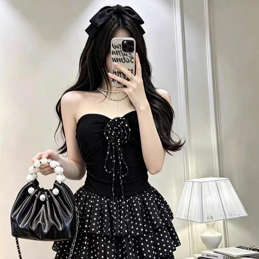 #Summer New Sweet and Spicy Storm Point Splicing Rose Tube Top Women's Fixed with Chest Pad Versatile Top