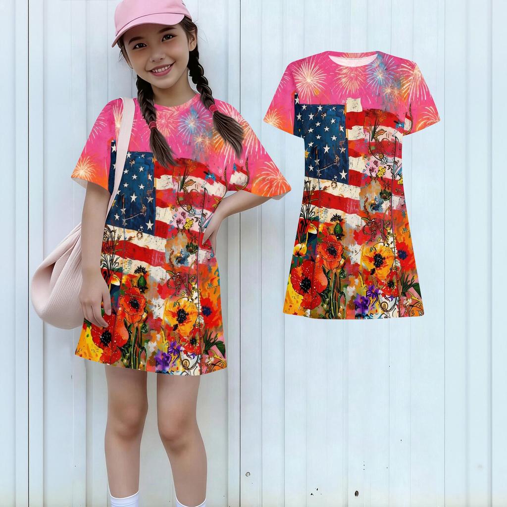 Girls Independence Day Print Casual Dress Kids Loose Round Neck Short Sleeve Thin Sundress