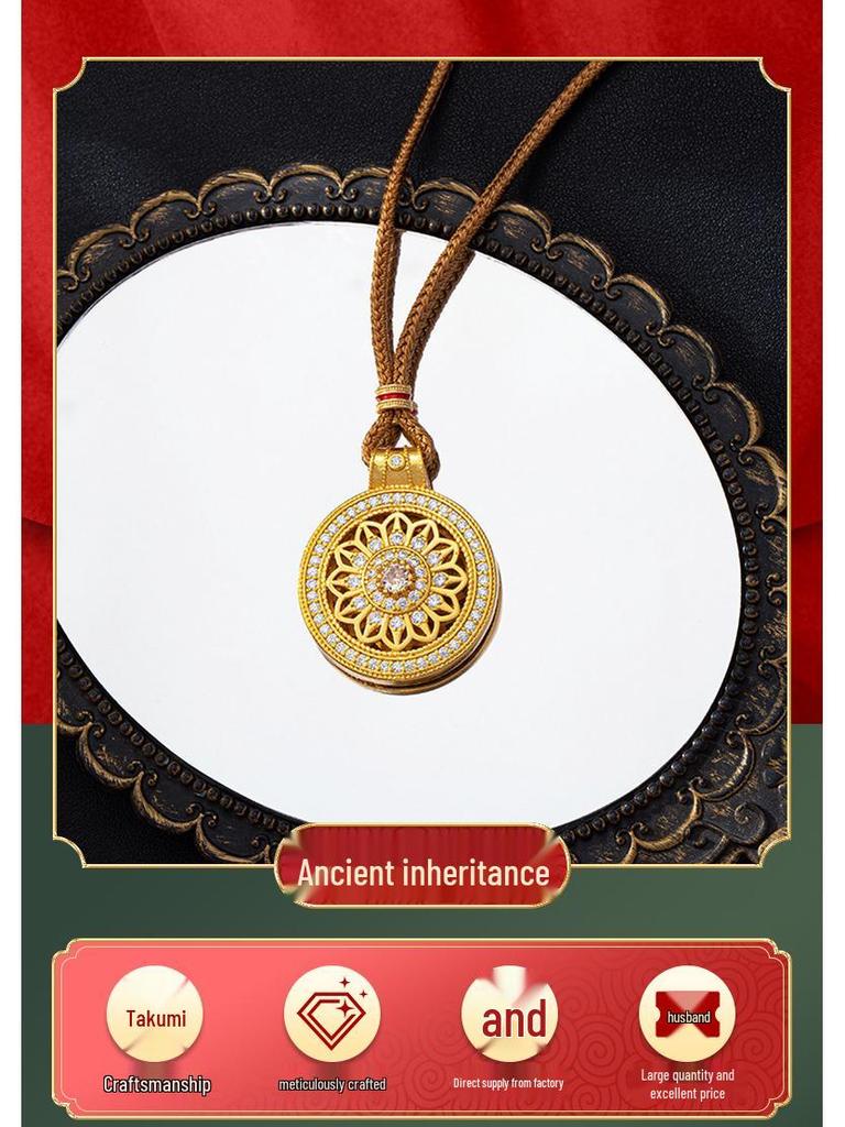 Vietnam Sand Gold Eight Treasures Compass Pendant Necklace - Trendy Court Style with Diamond-Set Hollow Flower Design for Women