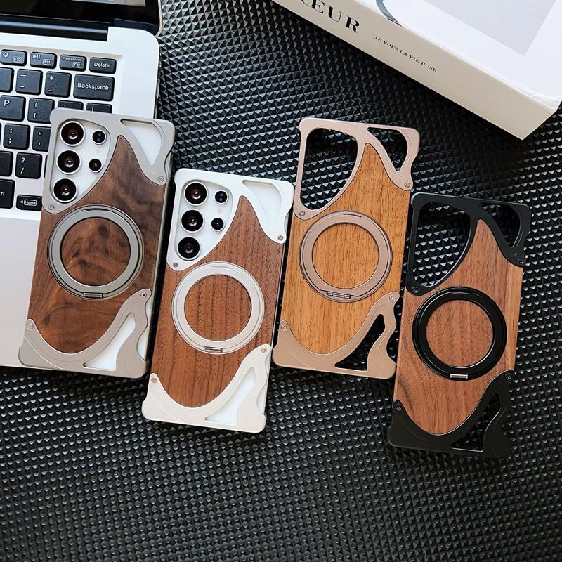Metal Walnut Phone Case With Magnetic Stand S26 Ultra S25 S24 S23 Shockproof Rotating Edge