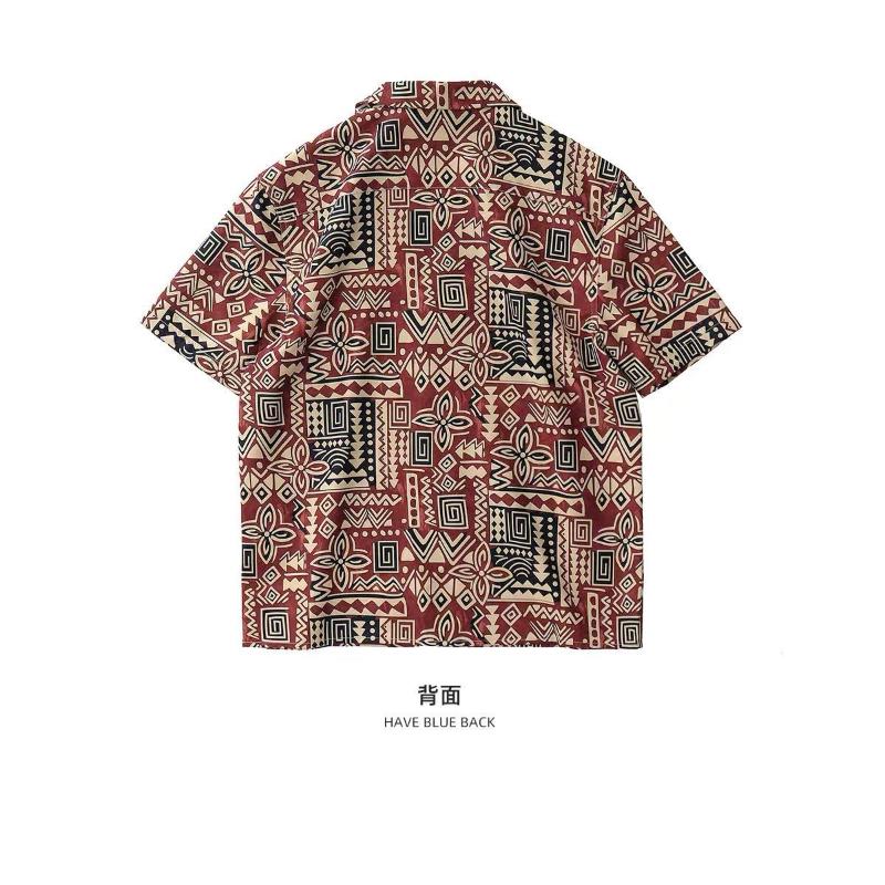 Plus Size Men's Vintage Geometric Print Shirt Casual Loose Short Sleeve Cuban Collar Shirt