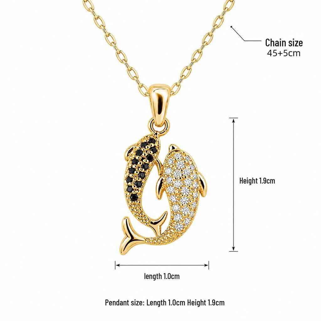 Copper-Plated 18K Gold Double Fish Zircon Pendant Necklace for Women