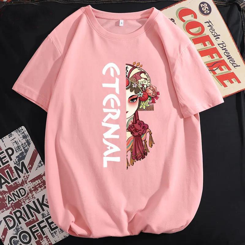 Летняя хлопковая футболка с принтом Пекинской оперы в стиле ретро, мужская тонкая рубашка с коротким рукавом и круглым вырезом, модный повседневный свободный пуловер XXXL розовый