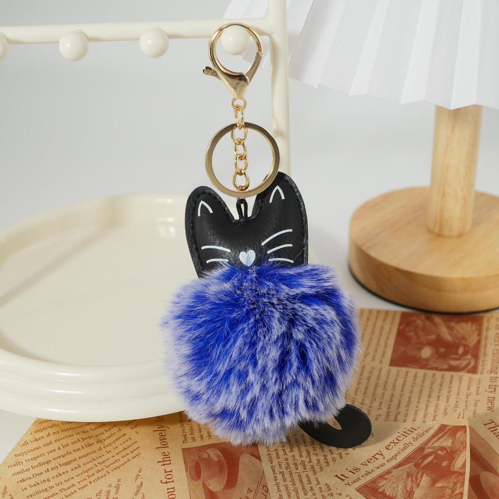 Adorable Black Cat Keychain with Faux Fur Ball Pendant