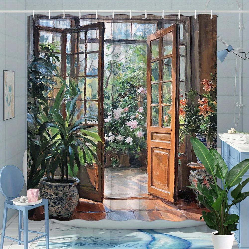 

Водонепроницаемая шторка для душа в деревенском стиле с изображением садовой двери, цветущих цветов и пышной зелени, привносящая очарование природы в декор ванной комнаты W200XH180cm