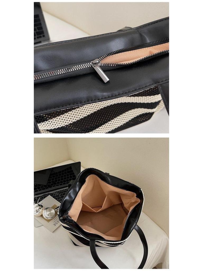 2025 Torba tkana w czarno-białe paski o dużej pojemności: Lekka Torba Jednoramienna dla Kobiet, Idealna na Wakacje i Zakupy.