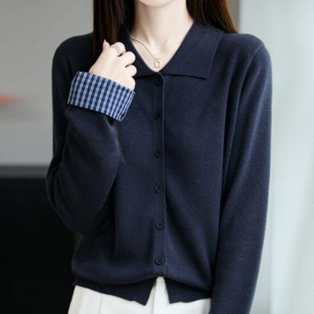 Navava Casual Check Point Collar Long Sleeve Knit Cardigan Nk3590