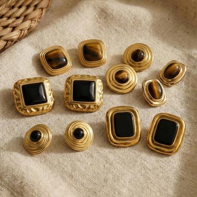 Boucles d'oreilles Clous Vintage Œil de Tigre Pierre Noire Acier Inoxydable Pour Femmes Statement Plaqué Or 18K Bijoux Français Automne