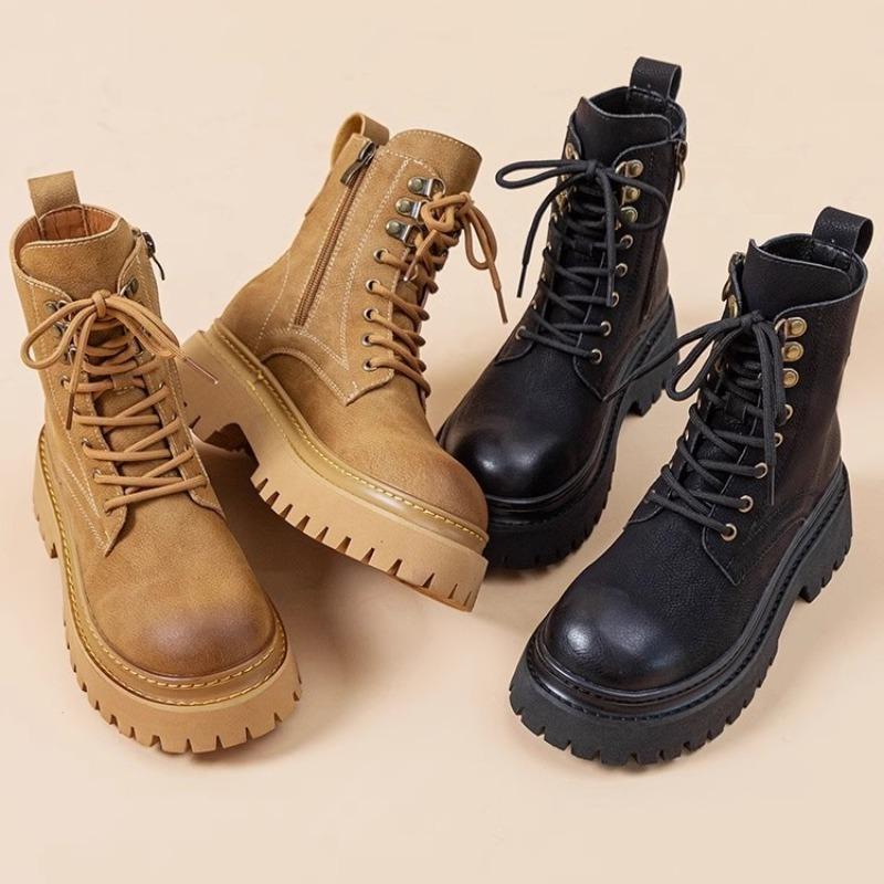 Comemore Ankle Boots for Women Leather Autumn Ladies Shoes Thick Heel Platform Motorcycle Boots British Work Short Botas